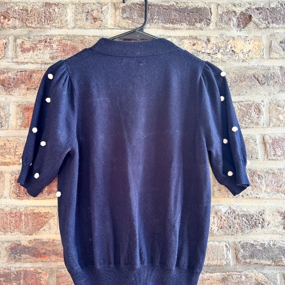 Demylee New York Wool dotted navy beige Vneck sweater top Sz S - Picture 2 of 2